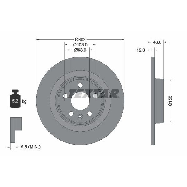 92295105 TEXTAR Диск гальмівний (задній) Volvo S60 III/S90 II/V60 II/ XC90 II 16- (302x43) PRO+