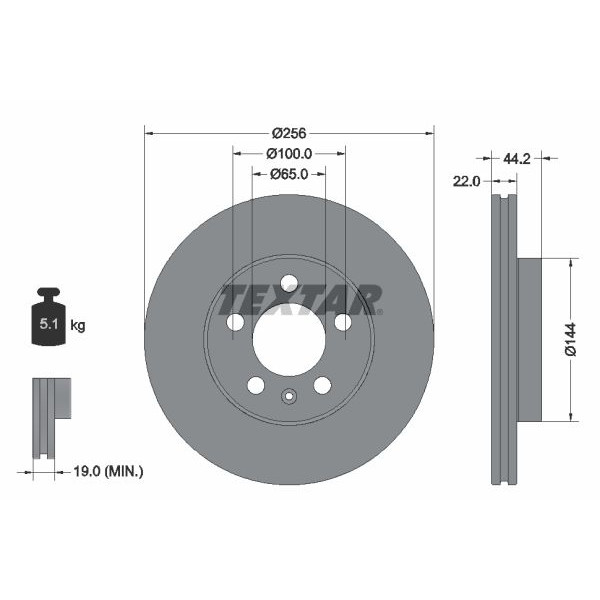 92303803 TEXTAR Диск гальмівний (передній) Audi A1/Seat Ibiza/VW Polo 17- (256x22) PRO