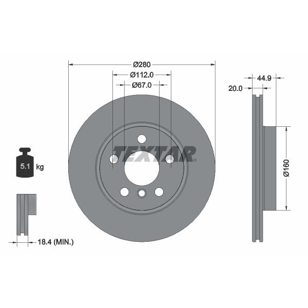 92305303 TEXTAR Диск гальмівний (передній) BMW i3 (I01) 13- (280x20) (з покриттям) (вентильований) PRO