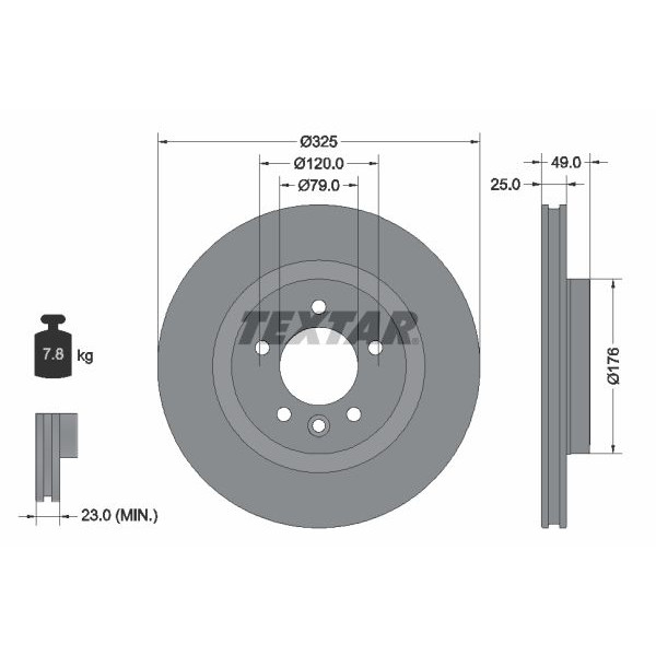 92307803 TEXTAR Диск гальмівний (задній) Land Rover Discovery V 16-/ Range Rover 12- (325x25) PRO