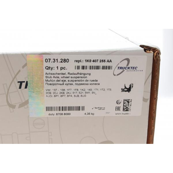 0731280 TRUCKTEC AUTOMOTIVE Цапфа (передня) Audi A3/Q3/Skoda Octavia/VW Caddy III 09-15 (L)