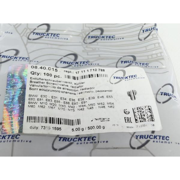 0840015 TRUCKTEC AUTOMOTIVE Болт системи випуску повітря для радіатора BMW 3 (E36/E46)/5 (E34/E39)/7 (E38) 82-12