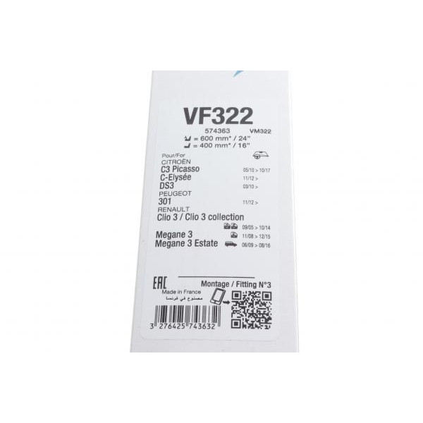 574363 VALEO Щітки склоочисника (600/400mm) Renault Clio III 05-14/Megane 10-/Citroen C3 09-/Peugeot 301 12-