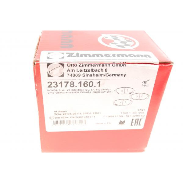 231781601 ZIMMERMANN Колодки гальмівні (передні) Honda Civic VII/VIII 99-