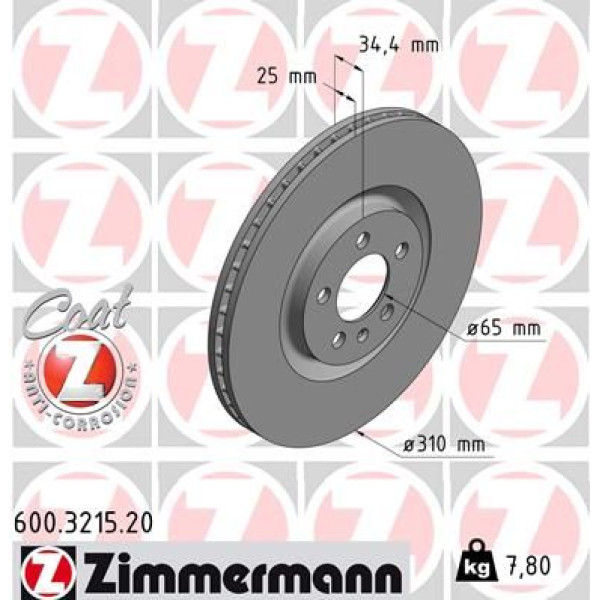 600321520 ZIMMERMANN Диск тормозной (передний) Audi A1 10-18/VW Polo 14-/Seat Ibiza 15-17 (310x25) (с покрыт) (вентилир.)
